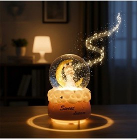 Resim Pilli Işıklı Müzikli Kar Küresi Hilal Ay Önünde Prenses Figürlü Eğlenceli Masaüstü Biblo, Led Aydınl 