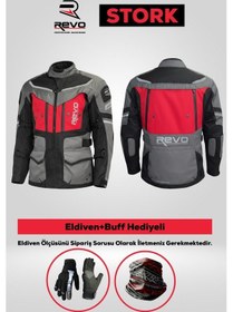 Resim Revo Stork Kırmızı 4 Mevsim Unisex Motosiklet Montu + Eldiven Ve Buff 