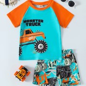 Resim 2'li Erkek Çocuk Canavar Kamyonu Mayo Seti - Canlı Mavi & Turuncu, Esnek Kısa Kollu Tişört ve Şort, Dayanıklı Polyester/Spandex Karışımı, Yaz Plajı & Dış Mekan Maceraları için İdeal, Aktif Mayo|Canavar Kamyonu Teması|Dayanıklı Polyester Karışımı 