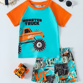 Resim 2'li Erkek Çocuk Canavar Kamyonu Mayo Seti - Canlı Mavi & Turuncu, Esnek Kısa Kollu Tişört ve Şort, Dayanıklı Polyester/Spandex Karışımı, Yaz Plajı & Dış Mekan Maceraları için İdeal, Aktif Mayo|Canavar Kamyonu Teması|Dayanıklı Polyester Karışımı 
