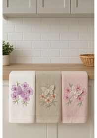 Resim 3'lü Lüks %100 Pamuklu Mutfak Havlusu Seti 3d Kelebek Aplikeli 30x50 Cm Çok Renkli 
