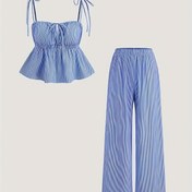 Resim Kadınların Kare Yaka Çizgili Düğmeli Kısa Askılı Üstü Yüksek Bel Çizgili Geniş Bacaklı Pantolon Seti, Rahat Stil, Bahar/İlkbahar Koleksiyonu, Polyester Kumaş, Kumaş, 180g/m², Bağcıklı Detaylı 