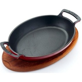 Resim Lava Oval Kulplu Tava Ahşap Altlıklı 27x20 Kırmızı 