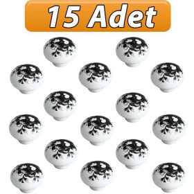 Resim 15 Adet Siyah Gül Desenli Beyaz Polimer Düğme Kulp Mantar Mobilya Mutfak Dolabı Çekmece Kulbu Kulpları 