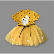 Resim 1-2-3 Yaş Payetli Kedicik Baskılı Puantiyeli Kız Bebek Elbisesi Hardal HARDAL 
