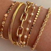 Resim 6 adet Vintage Moda Zarif Metal Çok Eleman İmitasyon İnci Kıvrılmış Yılan Zincir Bağlantı Halka Toka Zincir Yuvarlak Tabak Çok Katmanlı Yığınlanabilir Bileklik Seti Kadınlar için, Tatil Parti Tarih Hediye Günlük Kıyafet Eşleştirme 