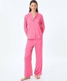 Resim Gömlek Yaka Uzun Kollu Düğmeli Saten Pijama Üstü 