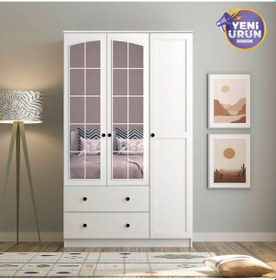 Resim Side Rose 3 Kapak 2 Çekmece Aynalı Mega Gardırop Beyaz 