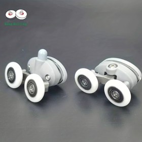 Resim 4 adet Duş Odası Kasnağı, Duş Kapısı Makaraları Koşucuları, İki Tekerlek Sallanabilir, Cam Delik Merkez Mesafesi 26mm, Eski Moda Sallanma Zıplama Tekerleği, Yaylı Fan Banyo Tekerleği, Banyo Makaraları, Asılı Makara, Kayar Kapı Tekerleği, Duş Kapısı Koşucusu 