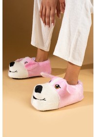 Resim Pembe Potin Köpek Figürlü Sessiz Taban Peluş Kadın Panduf K120-25z 001 