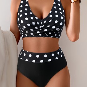 Resim 2 adet Şık Siyah ve Beyaz Polka Dot İki Parça Kadın Mayo - Seksi Yüksek Bel Bikini Seti V-Yaka, Esnek Kumaş, Yaz Plaj Giyiminde Mükemmel, Plaj Aksesuarı 