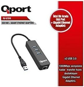 Resim Qport Q U3G 3Port Usb3.0 Çoklayici ve Gb Ethernet Adaptör 