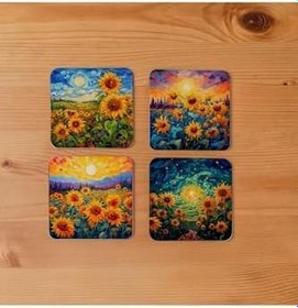 Resim Atölye Ayçiçeği Sanatı Ahşap Bardak Altlığı 4’lü Set (10x10 cm) 