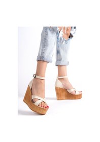 Resim Preshley Kadın Verla Çapraz Bant Yüksek Topuklu Dolgu Taban Ayakkabı-Bej 