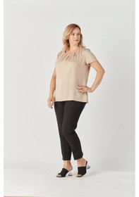 Resim Moda Berray 3202 Damla Yaka Saten Kısa Kollu Büyük Beden Bluz Bej Düz Bej 