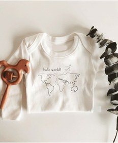 Resim İmaj Tuğbababy Hello World Harita Desenli Uzun Kol Çıtçıtlı Organik Bebek Body Beyaz 