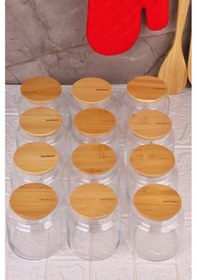 Resim Zone - 12'li Cam Saklama Kabı 800ml Vakumlu Bambu Kapaklı Ahşap - Şeffaf 