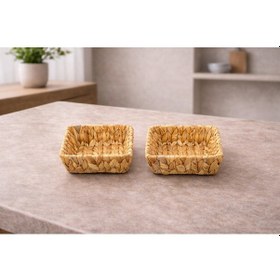 Resim 2 Adet Hasır Ekmeklik Saklama Kutusu Organizer Sepet Kare 18cm Açık Kahverengi 