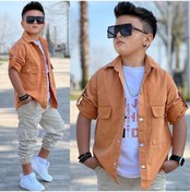 Resim Modavals Cep Ve Kol Detaylı Düğmeli Ceket Baskılı Tişört Ve Kargo Pantolon 3 Parça Erkek Çocuk Takım-589274601 Turuncu 