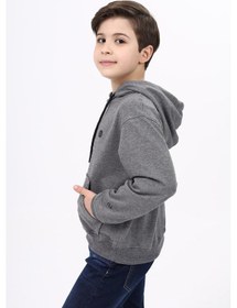 Resim Toontoy Kids Toontoy Erkek Çocuk Relax Fit Kapüşonlu Cepli Hafif Düşük Omuz Baskılı Sweatshirt - 2 İplik Antrasit Melanj 