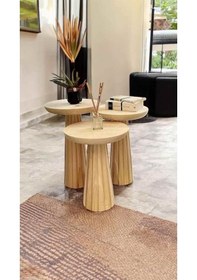 Resim Doğal Masif Ahşap Mantar Sehpa 3 Lü Set Naturel Renk Zigon Ve Fiskos Sehpa Takımı - Çiçeklik Naturel 