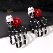 Resim Halloween Kafatası El Kemik Saç Tokası - Kırmızı Çiçekli Gotik Parti Aksesuarı, Kostüm Partileri, Halloween Süslemeleri ve Temalı Etkinlikler için Reçine İskelet El Tasarımı, Halloween Süslemeleri 