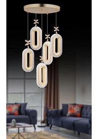 Resim 5'li Gold Kaplama Sarkıt Led Salon Avize 3 Renk Ledli Gold 