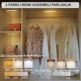 Resim HyMark 40cm Sensörlü Alüminyum USB Şarjlı LED Gece Lambası 3 Renk Kısılabilir Mutfak Dolap Tezgah 
