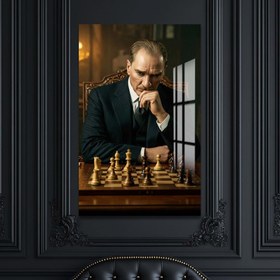 Resim Atatürk Satranç Cam Tablo - Siyah / 70x110 cm 