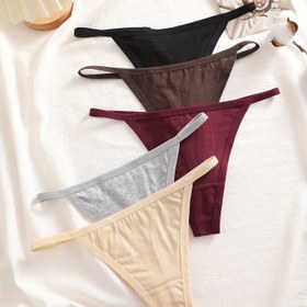 Resim 5 adet Kadın Rahat Seksi Tanga - Siyah, Mor, Beyaz, Bej ve Hafif Gri Renklerde Yumuşak Nefes Alabilen V-Yaka İç Çamaşırı, Makinede Yıkanabilir, Günlük Kullanım İçin, Minimalist Tasarım, Pürüzsüz Dokulu 