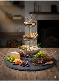 Resim Öz-turan Şelale 3 Katlı Standlı Paslanmaz Çelik Ayaklı Sunumluk İkramlık Çerezlik Meyvelik Gümüş 