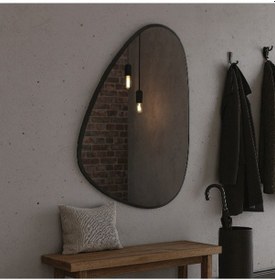 Resim 80x112 Cm Modern Organik Şekilli Siyah Çerçeveli Düzensiz Banyo Aynası Dekoratif Asimetrik Duvar Aynası Siyah 