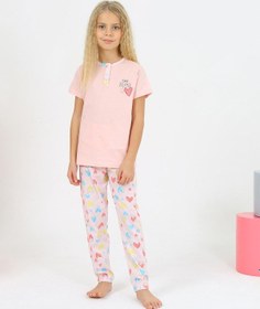 Resim Kız Çocuk Kısa Kollu %100 Pamuklu Düğme Detaylı Little Dreamer Pijama Takımı Somon SOMON 