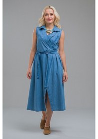 Resim Bold & Young Kadın İndigo Kruvaze Kuşaklı Yırtmaçlı Maxi Boy Cepli Erkek Yaka Kot Elbise Açık Mavi 