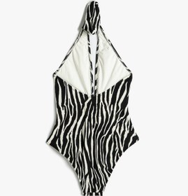 Resim Koton Halter Yaka Mayo Zebra Desenli Derin V Yaka Pencere Detaylı Siyah Çizgili 4sak20110mm Siyah 