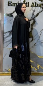 Resim Etekleri Çiçekli Taşlı Şifon Abaya - Lüks Zarif Model TM94 MGSSB - 3XL / Siyah 