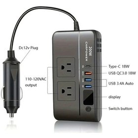 Resim Honeybeeshop 200w Yüksek Güçlü Siyah Araba İnvertörü 3 Usb 1 Tip C 12v 110v Dönüştürücü Led Ekran Araba Fişi Suv Kamyon 