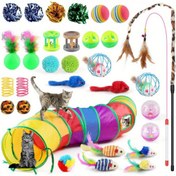 Resim 32 Parça Kedi Oyuncakları Seti, Yavru Kedi Oyuncakları, 2 Yollu Gökkuşağı Tüneli, Kedi Tüyü Teaser Çubuğu, Sisal Fareler, Zil Toplar, Kırıntılı Toplar, Etkileşimli Kedi Oyuncakları İç Mekan Kedileri ve Yavru Kediler İçin 