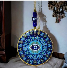 Resim Yaldızlı Turkuaz Renkli Göz Modelli Nazar Boncuklu Duvar Süsü Cam Duvar Dekoru 