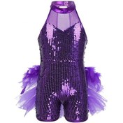 Resim Mor Kızlar Payetler Caz Latin Bale Dans Kostümü Çocuklar Kolsuz Mock Boyun Leotard Tulum Giyim Mor 