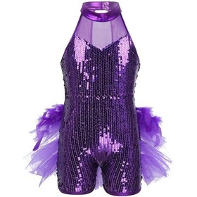 Resim Mor Kızlar Payetler Caz Latin Bale Dans Kostümü Çocuklar Kolsuz Mock Boyun Leotard Tulum Giyim Mor 