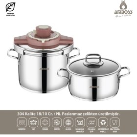 Resim Amboss Ocean 4-6 Litre Matik Paslanmaz Çelik İndüksiyon Uyumlu Düdüklü Tencere Seti (Rose) 