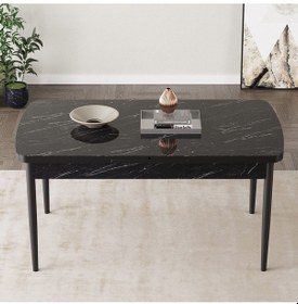 Resim Clara Siyah Mermer Desen 80x132 Açılabilir Mdf Masa Yemek Odası Takımı,mutfak Takımı 6 Adet Sandalye Krem 