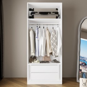 Resim Bimossa KA50 Goss Tekli Kapaksız Gardırop, Askılı ve Çekmeceli Tekli Elbise Dolabı, Modern Tasarım Açık Beyaz Giyinme Dolabı 