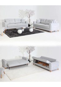 Resim Nola Koltuk Takımı 3+3 & Bazalı Yataklı Koltuk & Kanepe - Keten Gri 