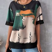 Resim Kadınların şık yuvarlak yaka kısa kollu bol rahat gömlek, %100 Polyester, Bahar/Yaz Koleksiyonu, Düz Renk ve Renk Bloğu Çizim Tasarımı ile Kontrastlı File Detaylı, Örme Kazaklar Yetişkinler için 