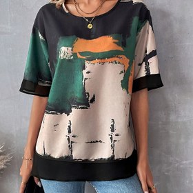 Resim Kadınların şık yuvarlak yaka kısa kollu bol rahat gömlek, %100 Polyester, Bahar/Yaz Koleksiyonu, Düz Renk ve Renk Bloğu Çizim Tasarımı ile Kontrastlı File Detaylı, Örme Kazaklar Yetişkinler için 