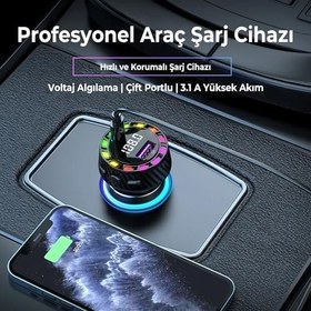 Resim RGB Işıklı 5.3 Bluetoothlu 30W USB Type C Hızlı Şarjlı Araç Kiti - MP3 Çalar, Eller Serbest Modlu 