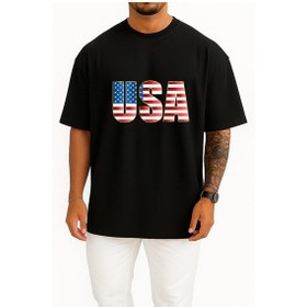 Resim Oversize United States Of America - Amerika Birleşik Devletleri Göğüs Tasarımlı Unisex T-shirt SIYAH 
