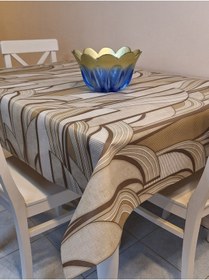 Resim Elyaflı Pvc Muşamba - Desenli Silinebilir Masa Örtüsü Krem Kahverengi 